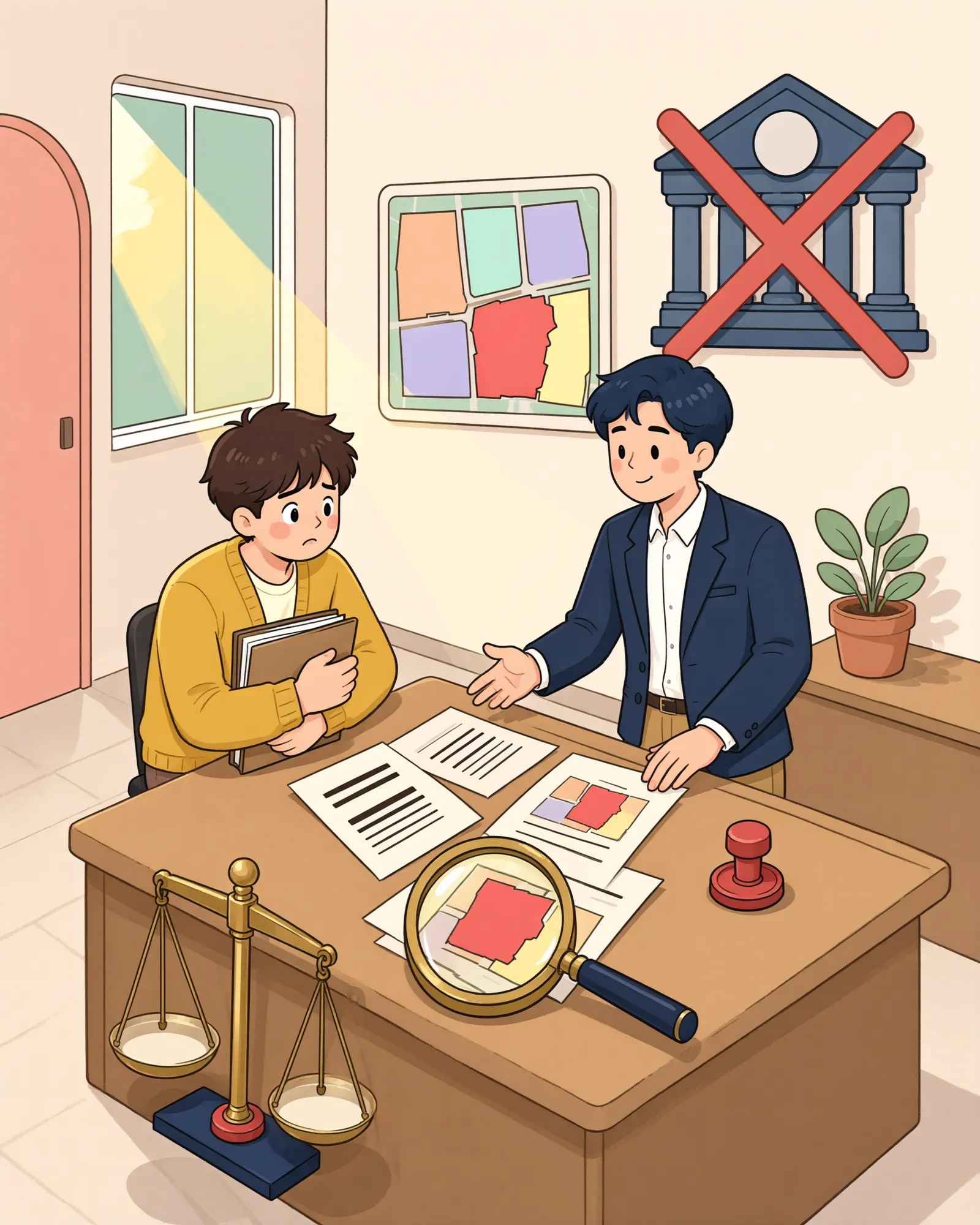 「경계가 흐릿한 임야, 무엇을 취소해 달라고 해야 할까」 상황을 그린 삽화