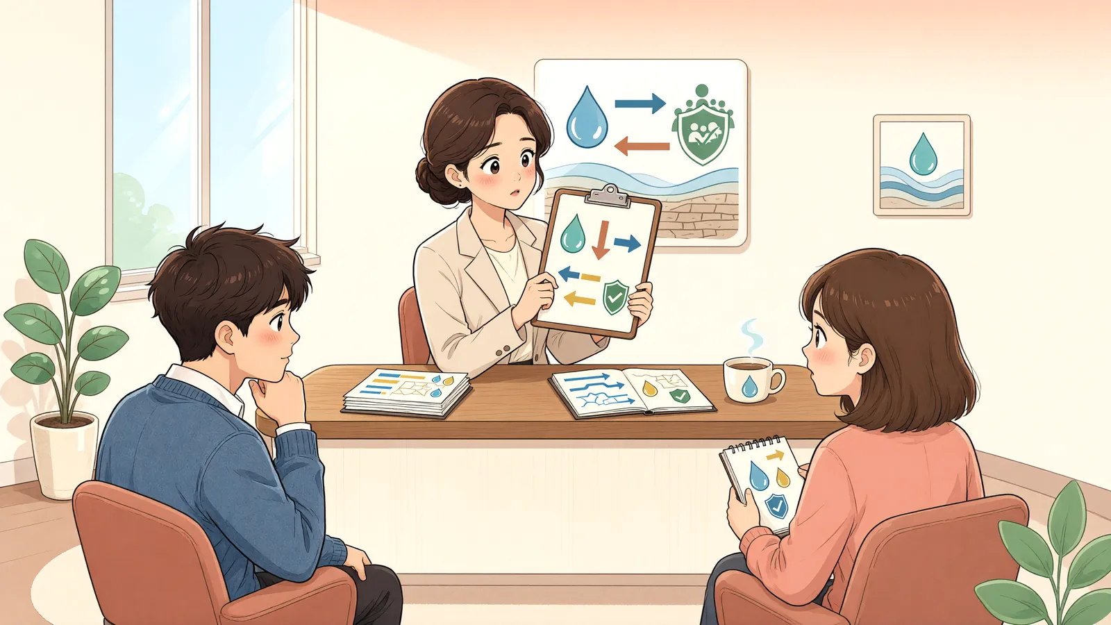 「공장 지하수 취수 뒤 마른 우물, 어디까지 구제받을 수 있을까」 상황을 그린 삽화