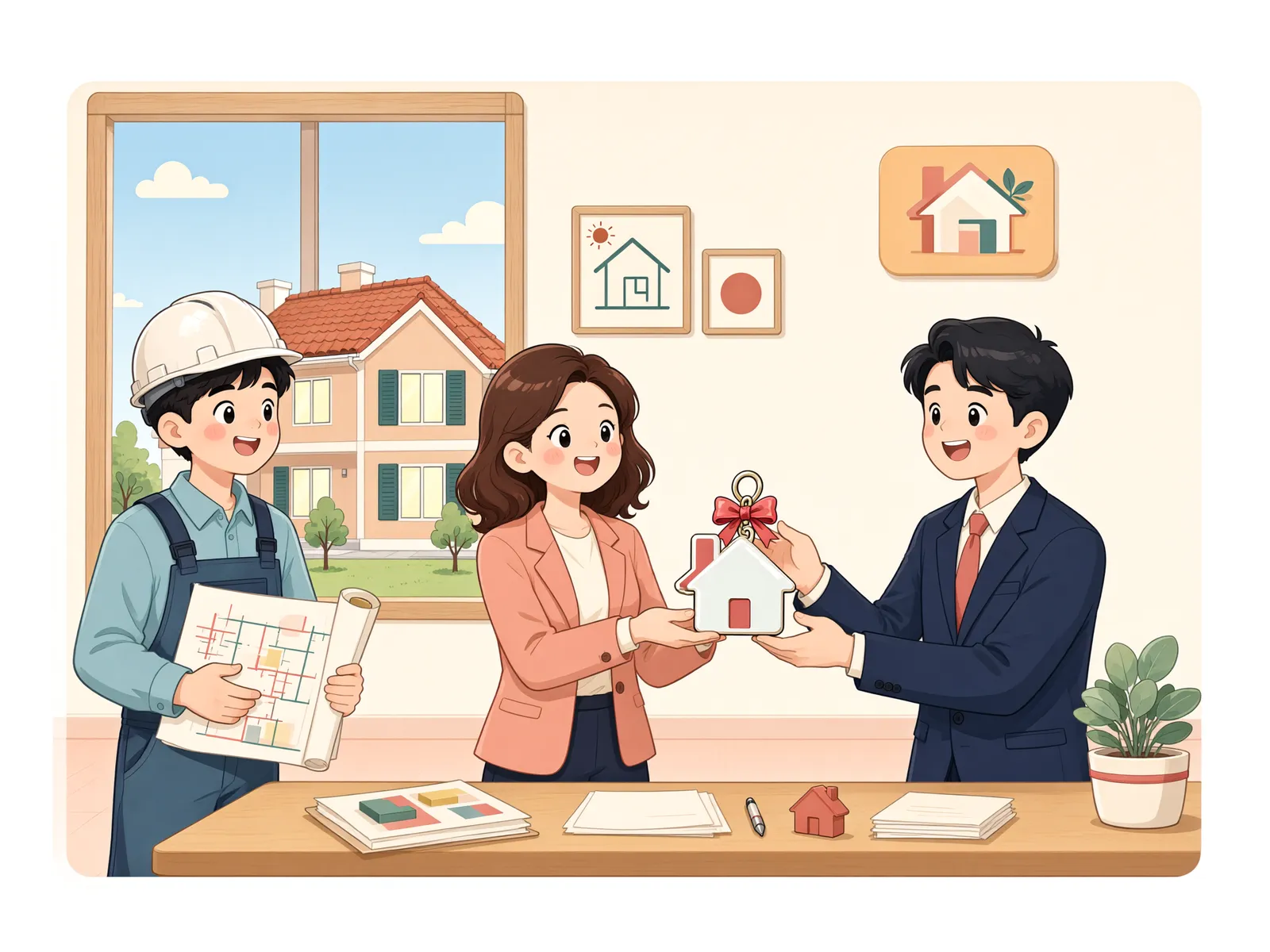 「공사비를 못 줬는데, 완성된 건물은 누구의 것일까?」 상황을 그린 삽화