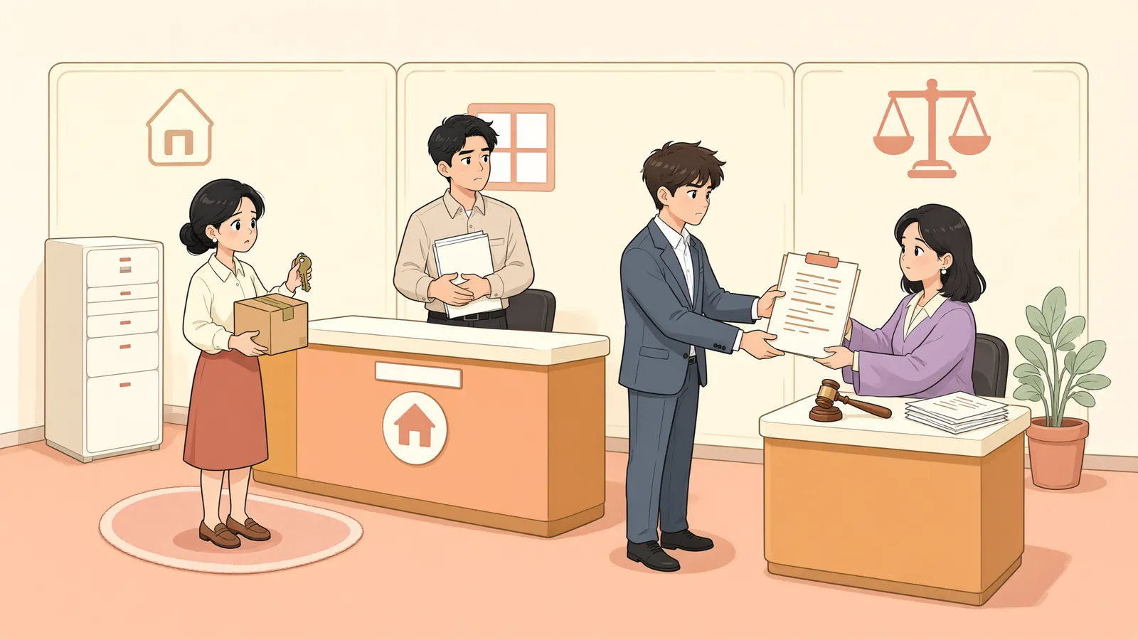 「간접점유자의 집행정지 신청, 명도가 끝난 뒤라면」 상황을 그린 삽화