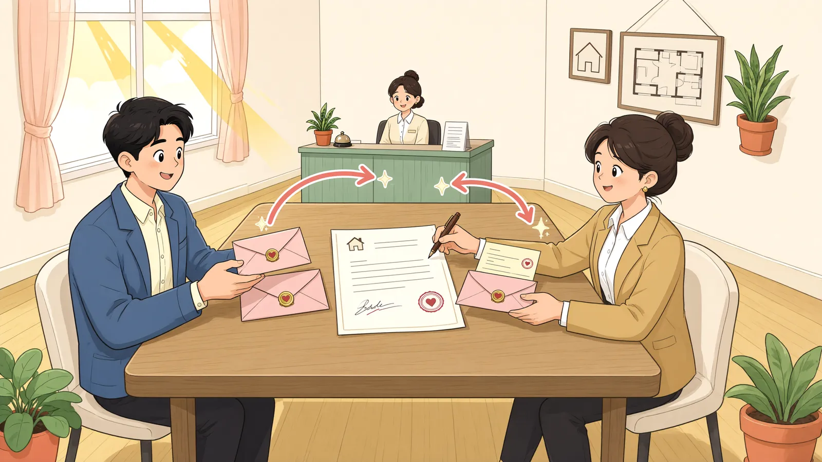 「가계약금, ‘먼저 보내면 잡아둘게요’만으로 돌려받지 못할까」 상황을 그린 삽화