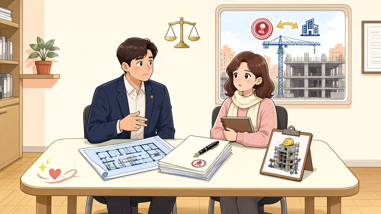 「공사가 끝나지 않았어도 공사대금채권을 압류할 수 있을까」 상황을 그린 삽화