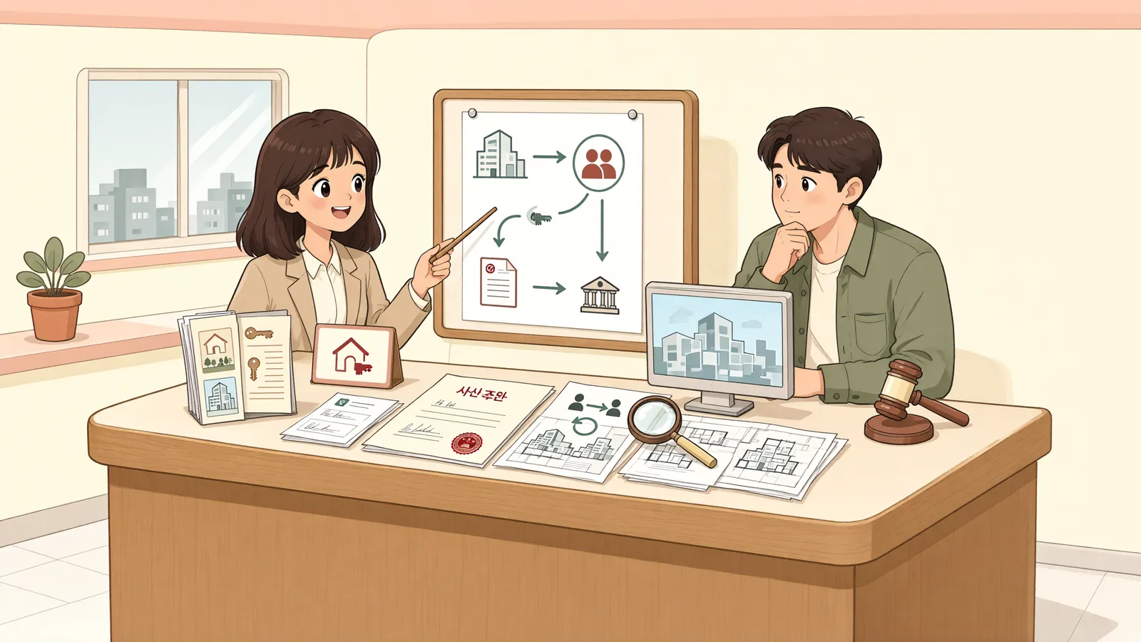 「공사 중인 건물을 샀는데, 건축주 명의는 그대로라면」 상황을 그린 삽화