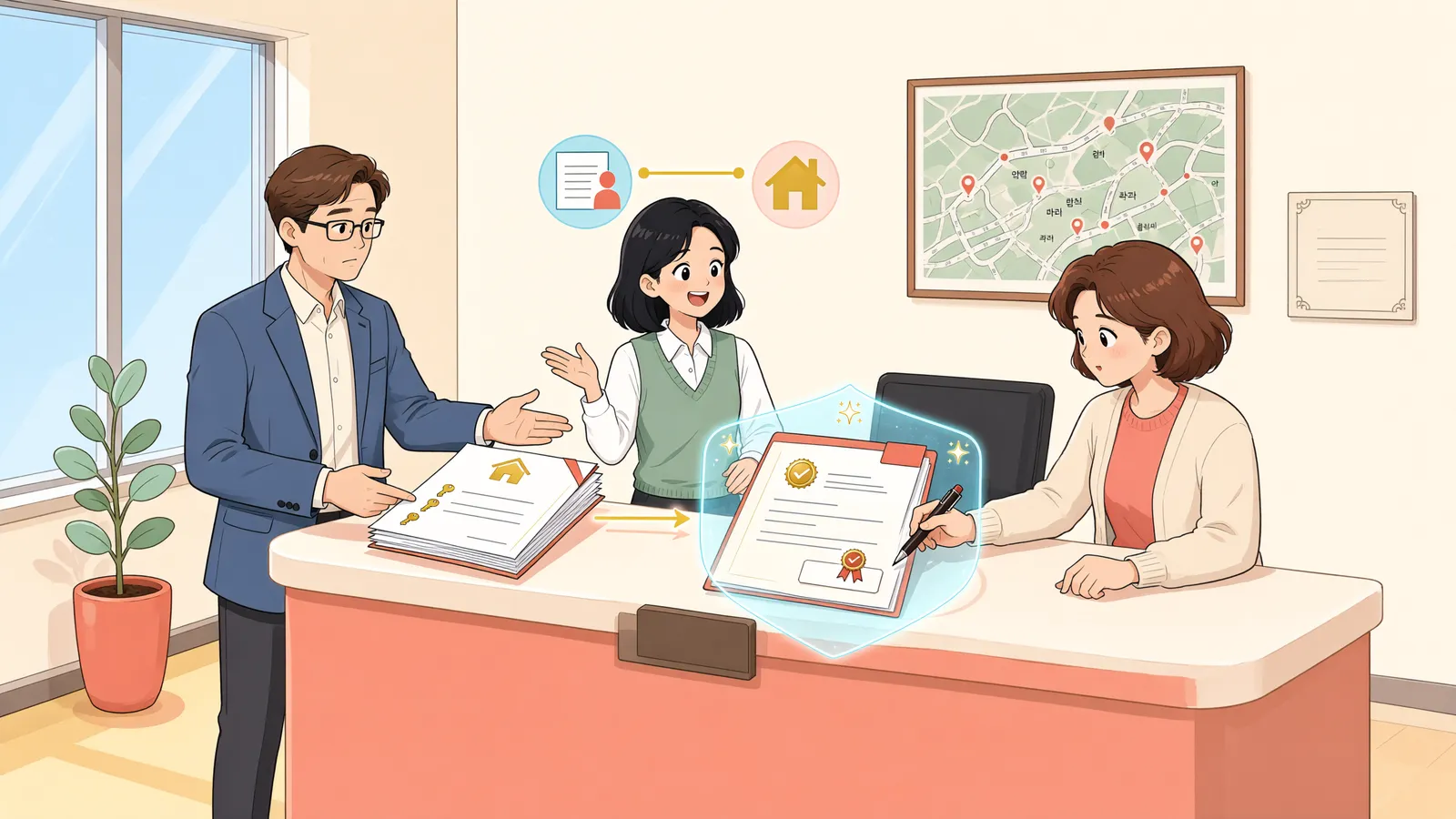 「갱신 계약서만 냈는데, 보증금 순위는 어떻게 될까」 상황을 그린 삽화