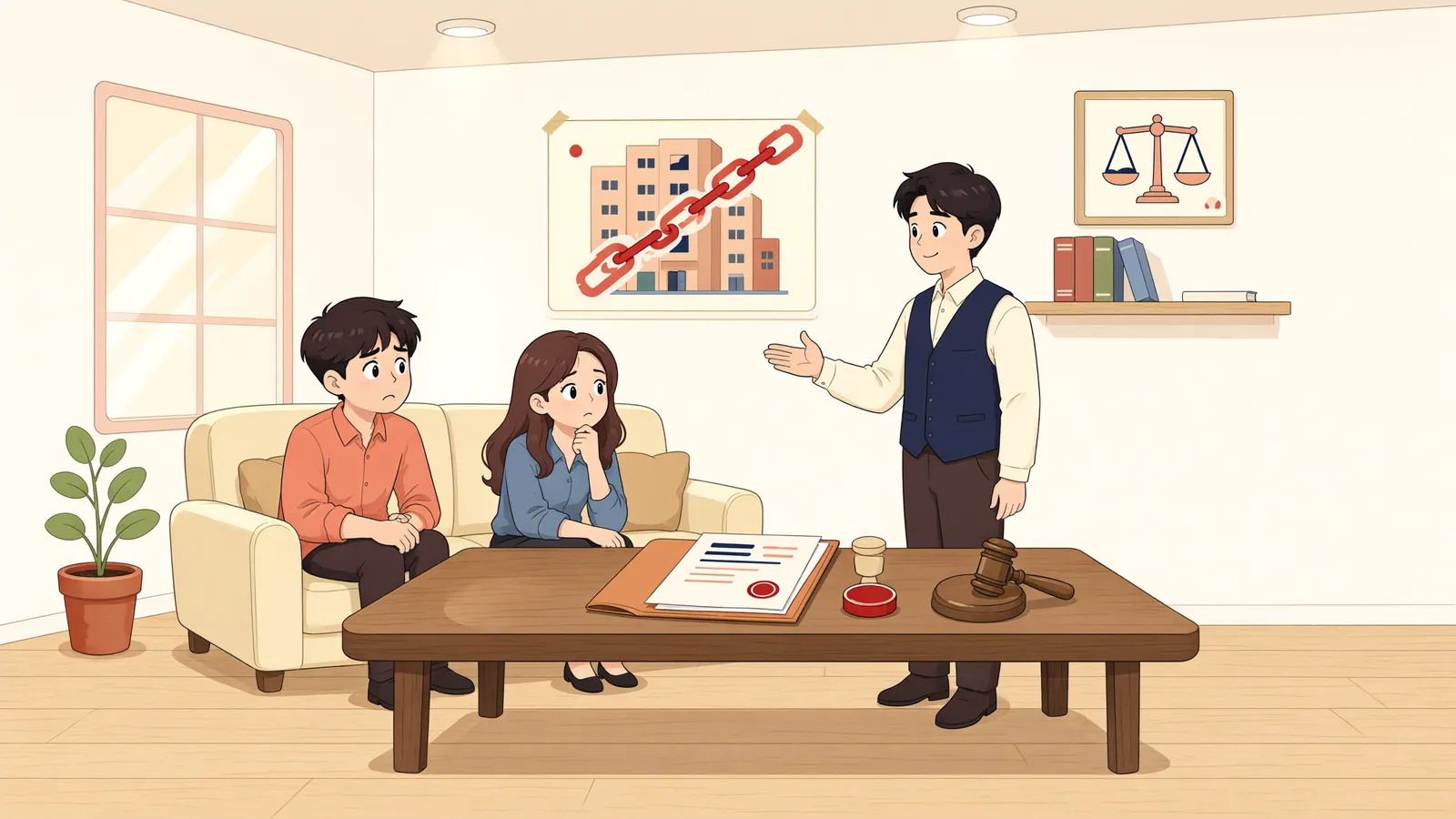「조합원의 빚, 조합의 월세채권까지 압류할 수 있을까?」 상황을 그린 삽화