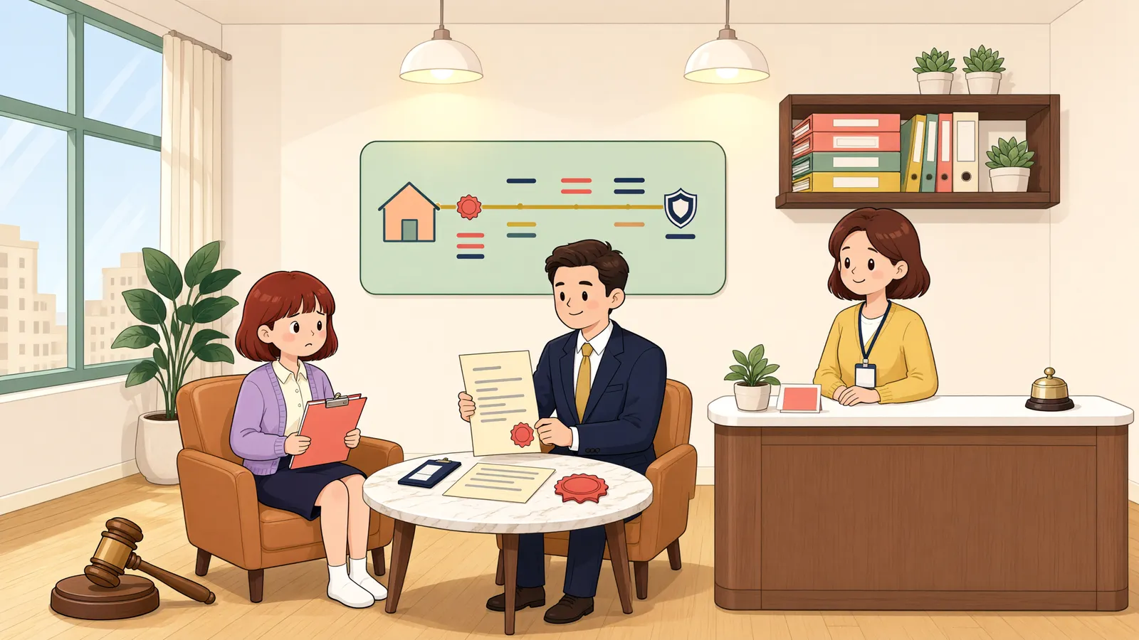 「선순위 근저당 뒤에 들어간 임차인, 경매 낙찰자에게 대항할 수 있을까」 상황을 그린 삽화