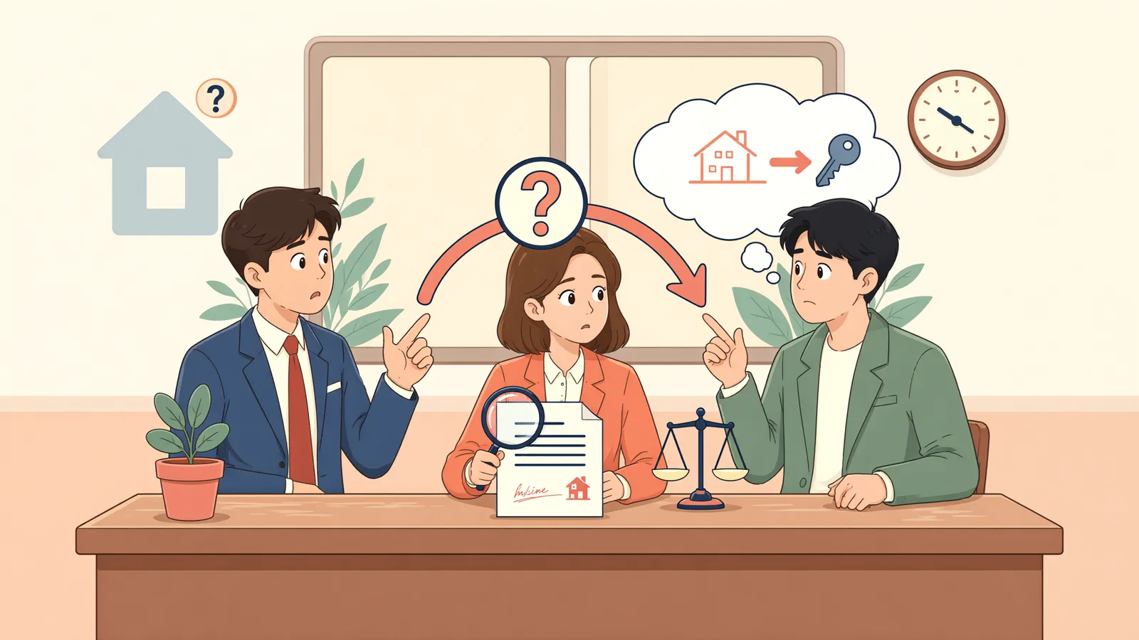 「집이 팔렸다는 소식, 임차인은 새 집주인을 따라가야 할까?」 상황을 그린 삽화