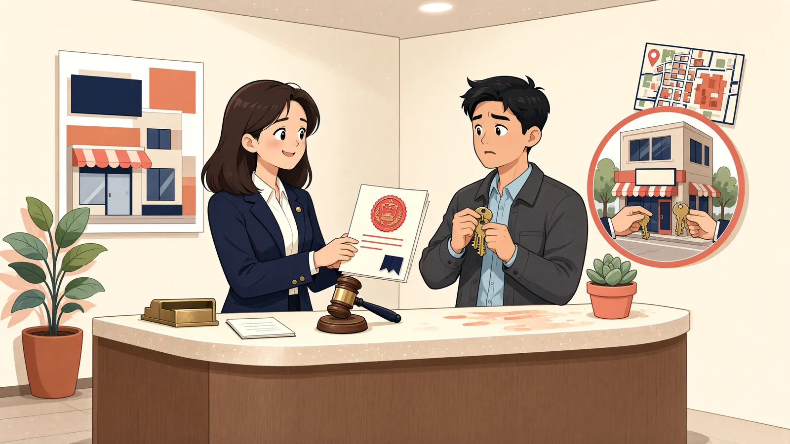「가게를 비우지 않고도 경매를 신청할 수 있을까?」 상황을 그린 삽화