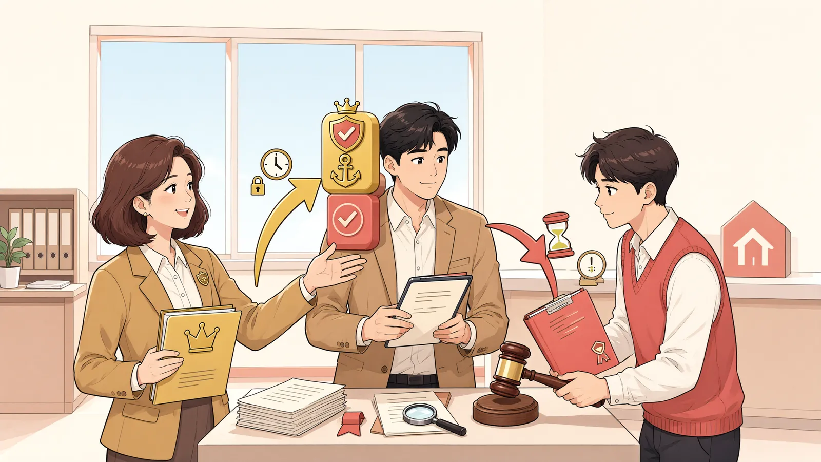 「후순위 근저당권자가 경매를 신청하면, 선순위 채권은 언제 확정될까?」 상황을 그린 삽화