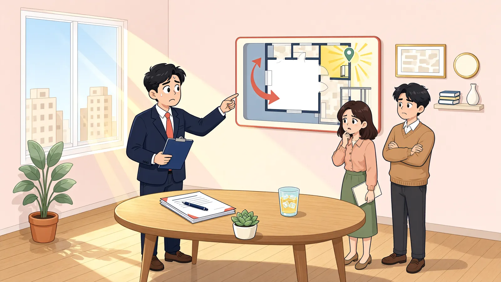 「남서향이라 믿고 샀는데, 실제로는 북동향이라면」 상황을 그린 삽화