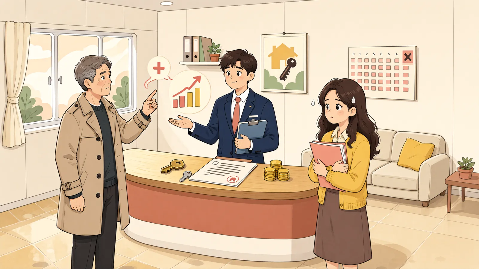 「1년 계약서에 적힌 보증금, 8개월 만에 올려줘야 할까?」 상황을 그린 삽화