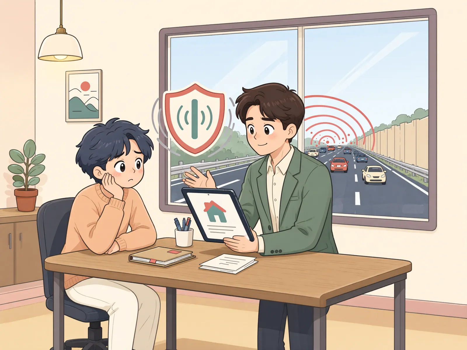 「고속도로 소음, 참아야만 할까요?」 상황을 그린 삽화
