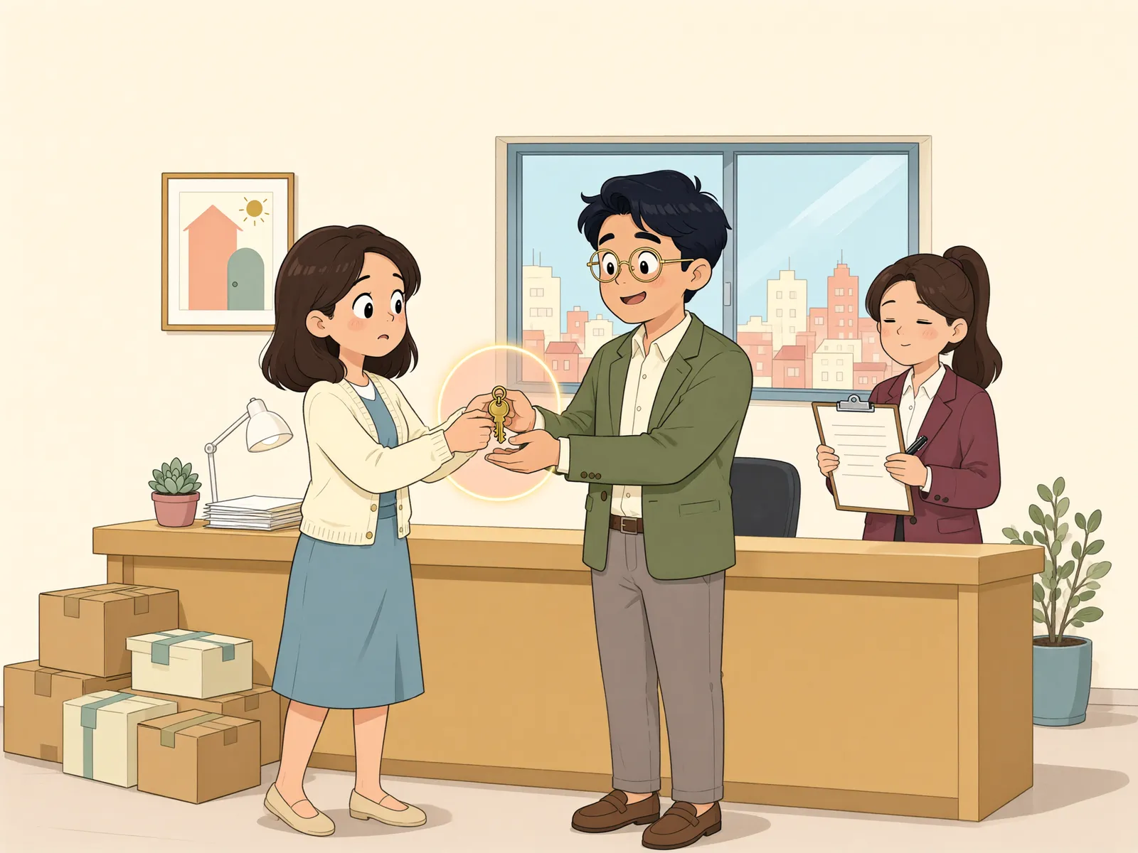 「집주인에게 열쇠를 바로 돌려줘도 될까?」 상황을 그린 삽화