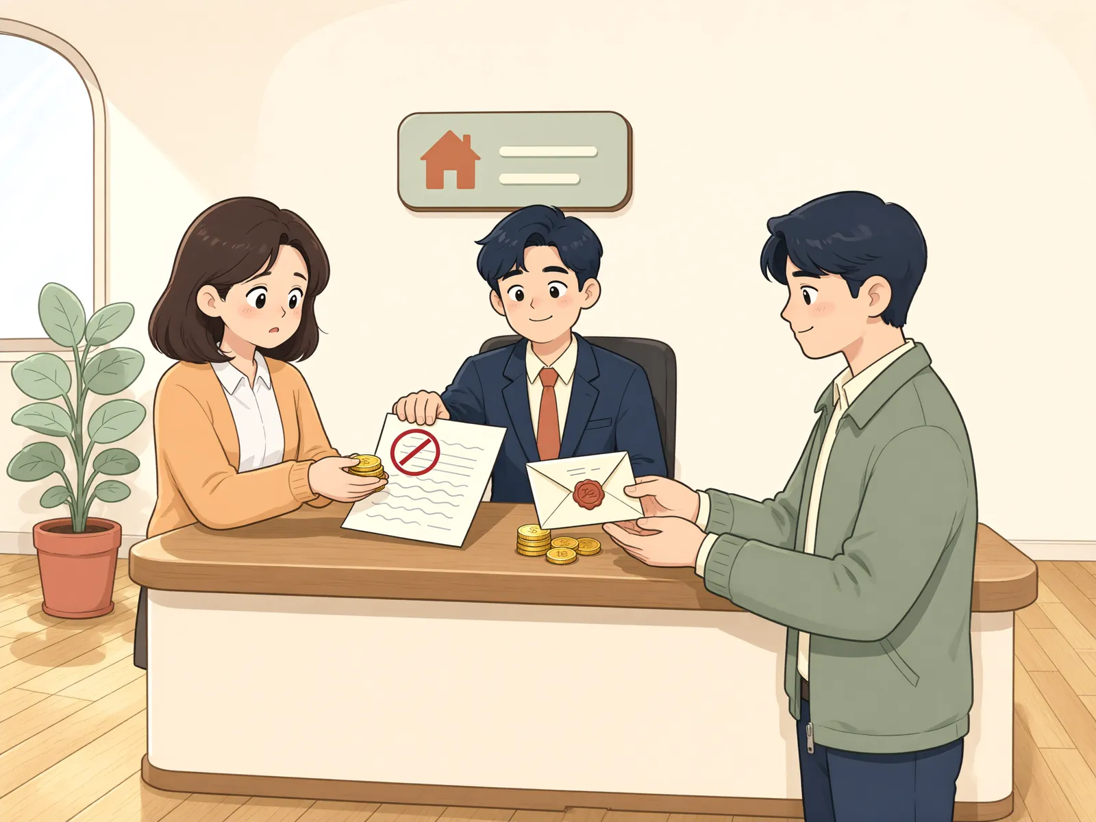 「공탁금을 이의 없이 받았다면, 매매계약도 끝난 걸까요?」 상황을 그린 삽화
