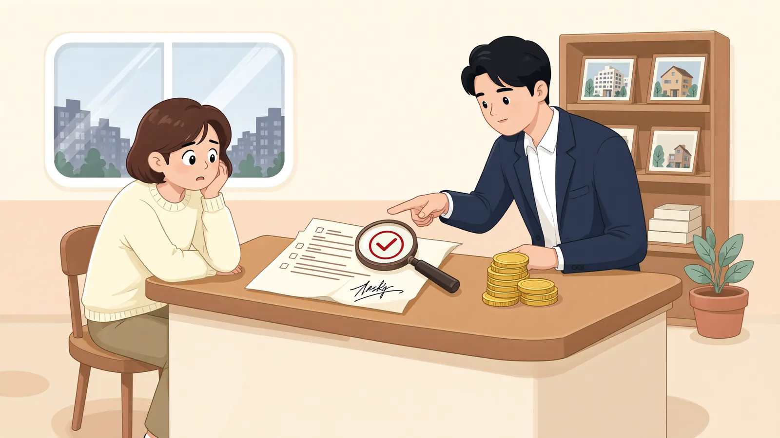 「공장 승인이 안 나면 계약 종료…매도인은 계약금을 돌려줘야 할까」 상황을 그린 삽화