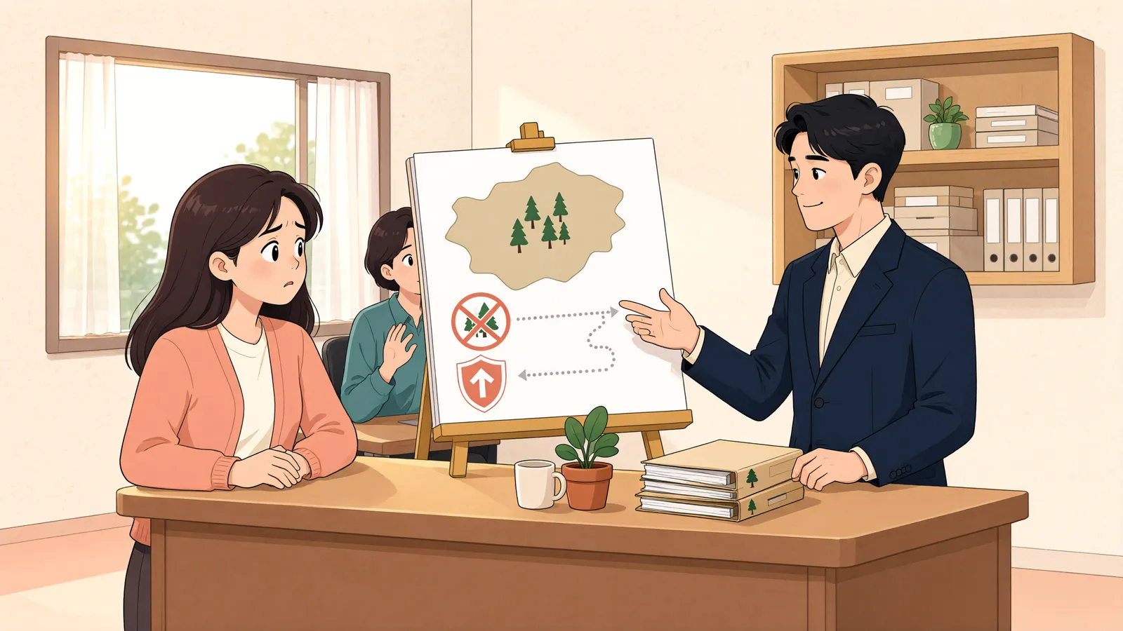 「토지 경매 감정에서 빠진 나무, 매각허가 전에 이의할 수 있을까?」 상황을 그린 삽화