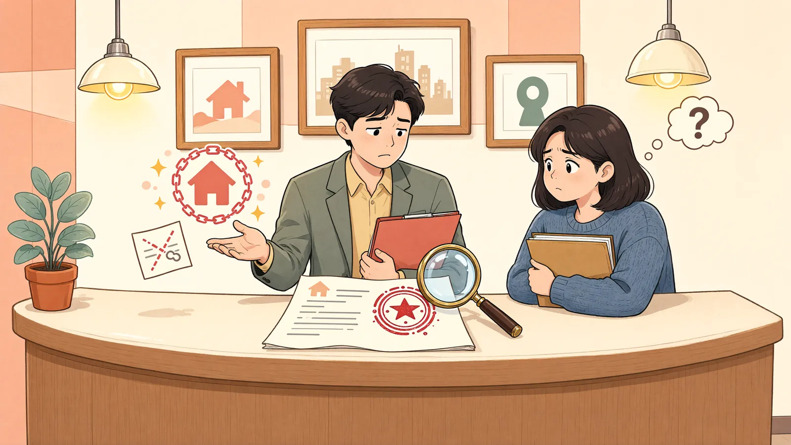 「토지에 가압류가 잡혔다면, 매매계약을 바로 해제할 수 있을까?」 상황을 그린 삽화