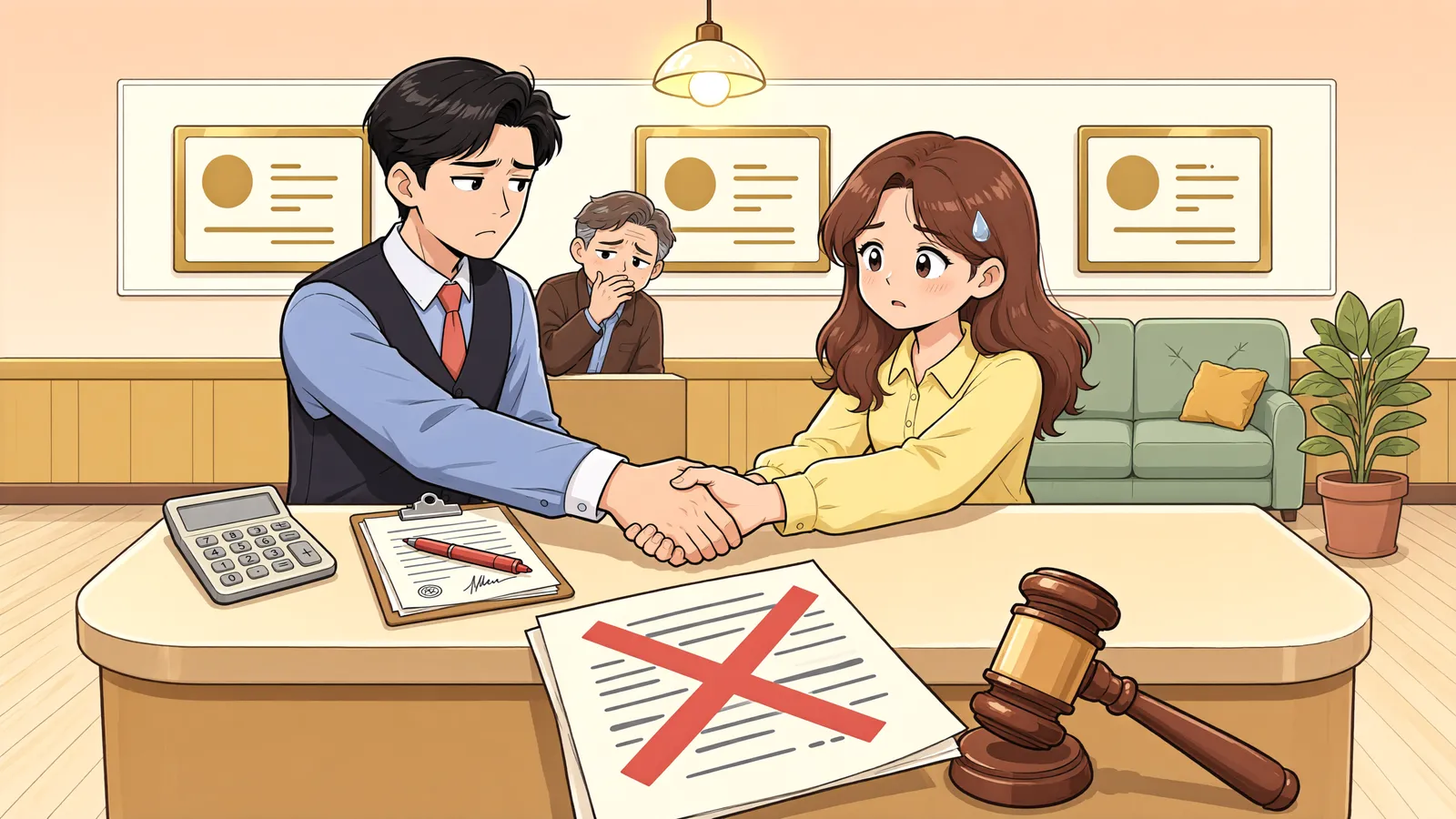 「무등록 중개인이 약속한 수수료, 꼭 줘야 할까?」 상황을 그린 삽화