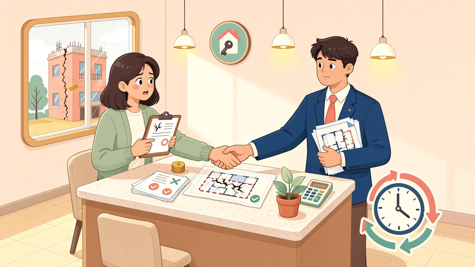 「이미 지급한 기성금, 하자 발견 뒤 남은 공사대금도 보류할 수 있을까」 상황을 그린 삽화