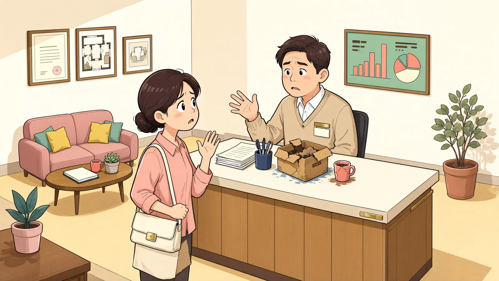 「허가된다고 믿고 시작한 인테리어, 계약을 끝낼 수 있을까」 상황을 그린 삽화
