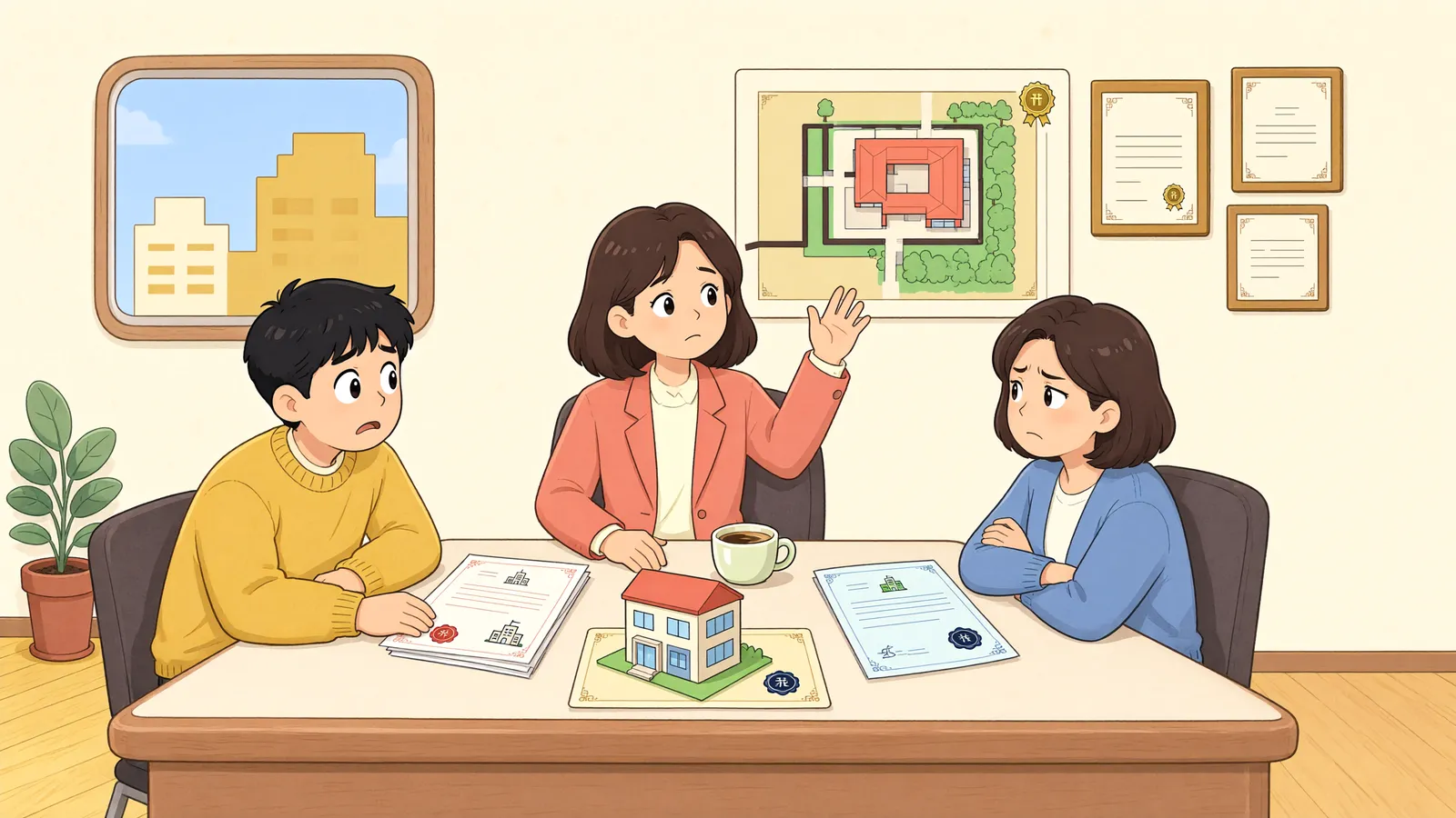 「땅 주인은 철거를 요구했지만, 건물 주인에게는 다른 길이 있었습니다」 상황을 그린 삽화