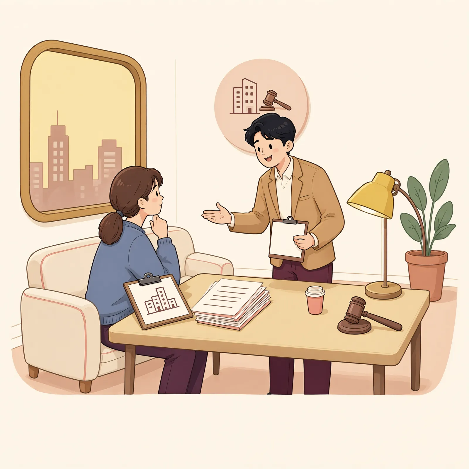 「경매 뒤에도 보증금을 못 받았다면, 점포를 바로 비워야 할까?」 상황을 그린 삽화