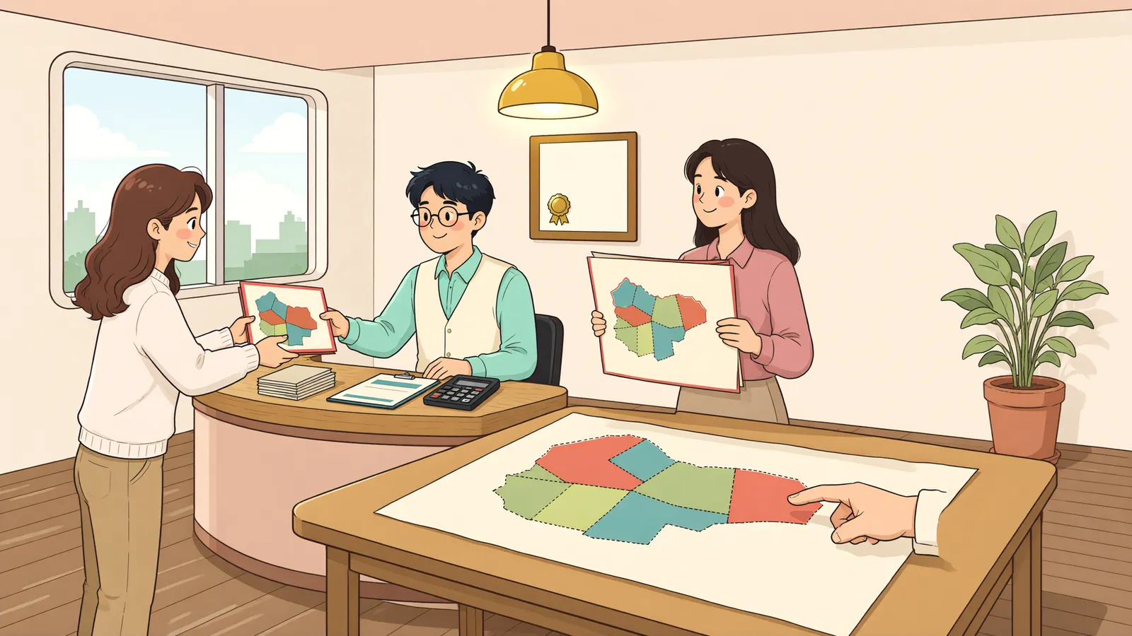 「공유지분으로 산 땅, 지정한 경계 안에서 20년 점유했다면」 상황을 그린 삽화
