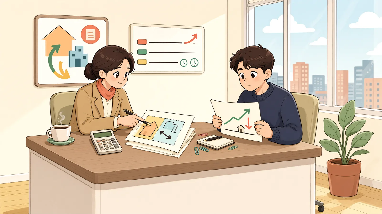 「땅값은 올랐는데 지료는 그대로… 인상 요구할 수 있을까?」 상황을 그린 삽화
