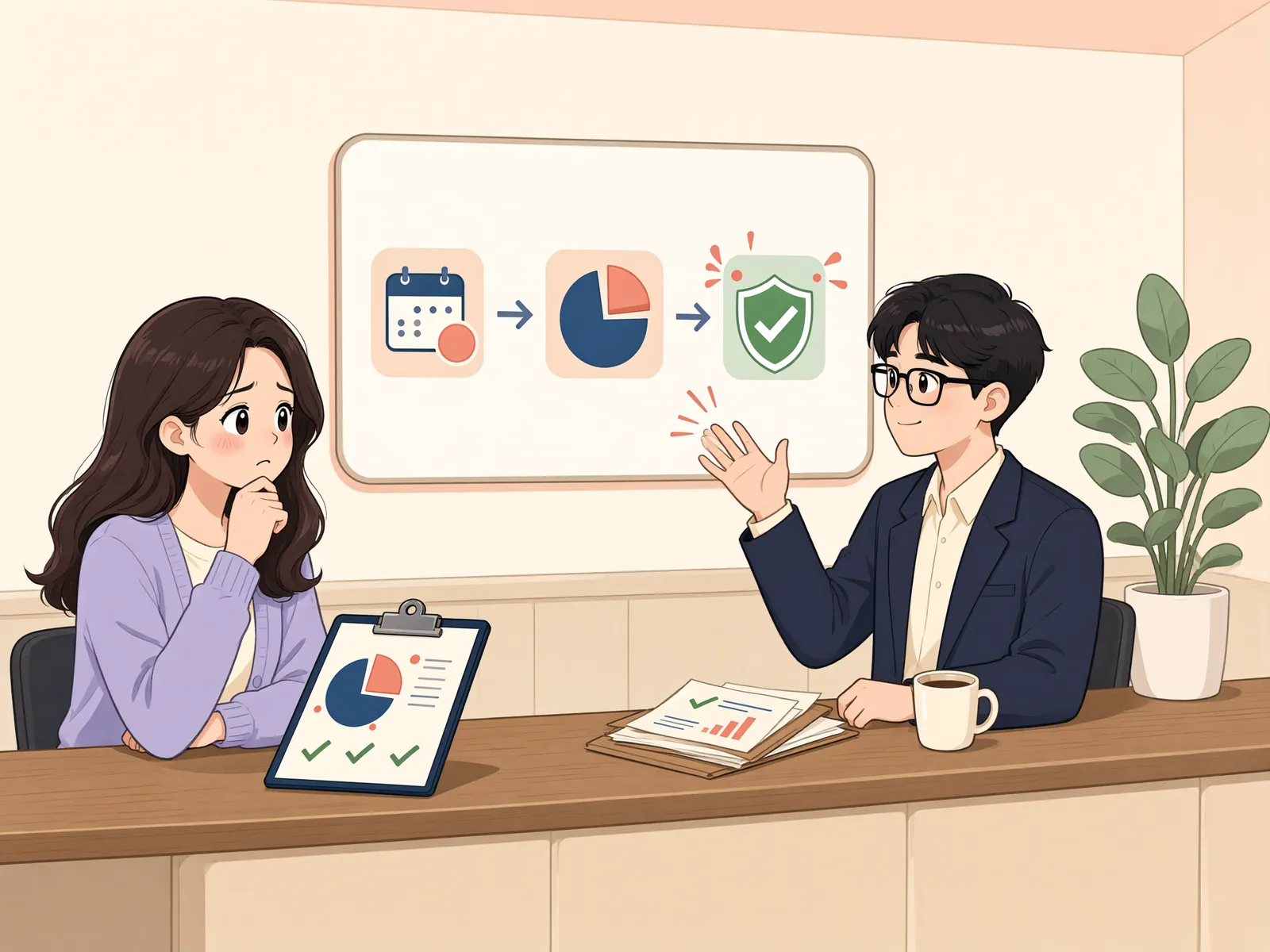 「중개수입이 들쭉날쭉한 김 대표, 개인회생하면 빚은 얼마나 갚을까?」 상황을 그린 삽화