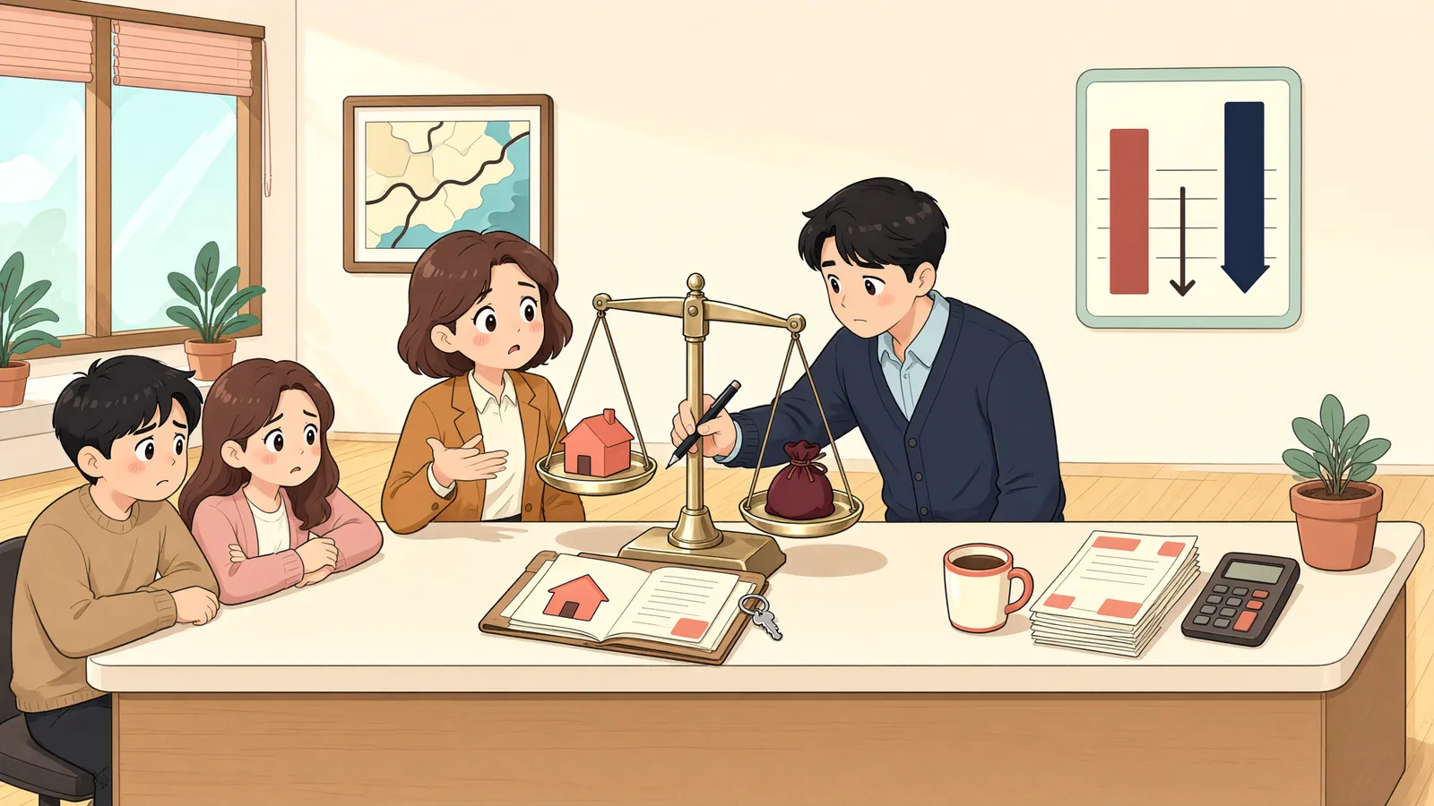 「담보 부동산 값이 빚보다 낮다면, 통지에 금액까지 적어야 할까?」 상황을 그린 삽화