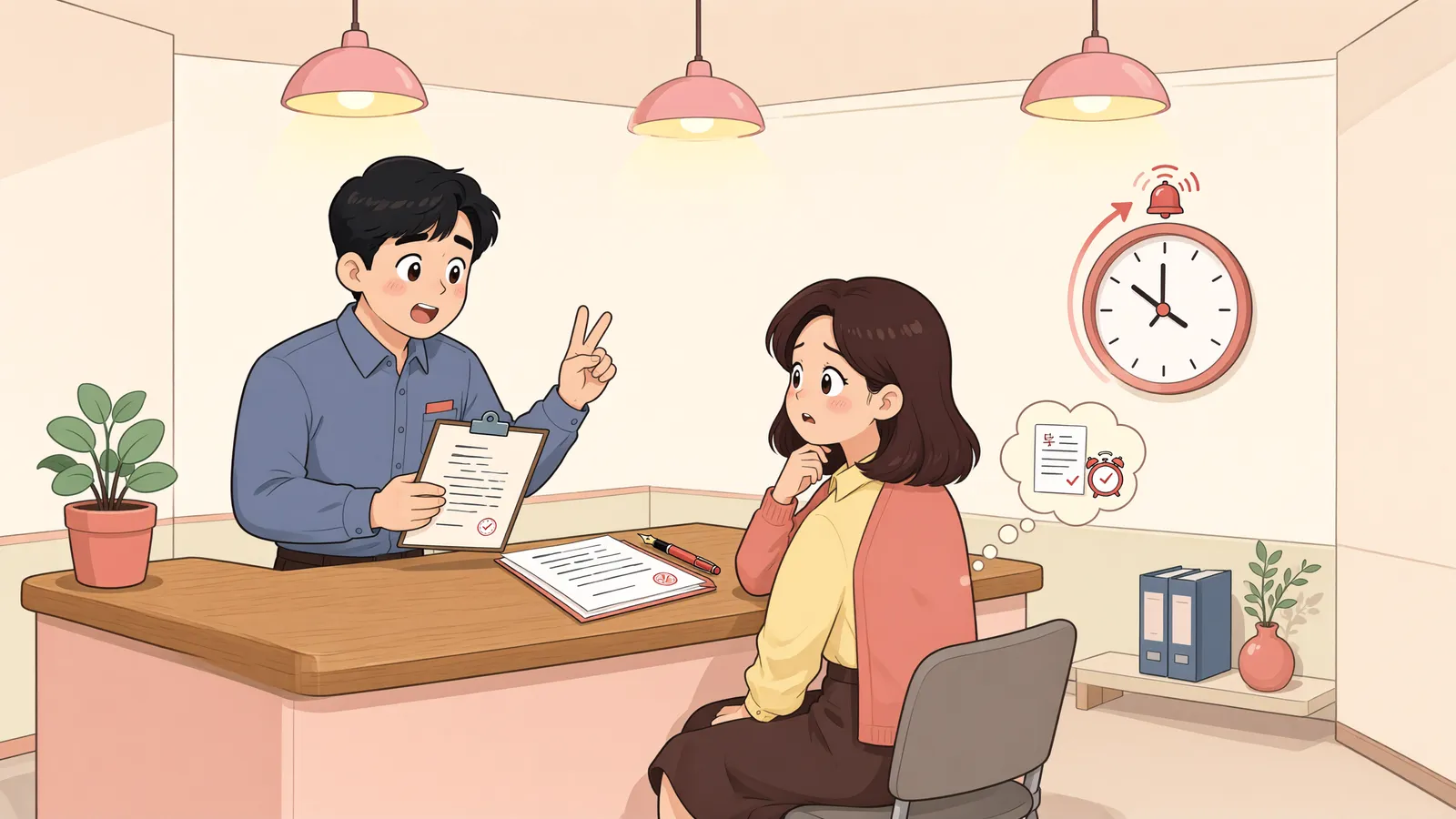 「계약 다음 날 마음이 바뀌면 계약금을 돌려받을 수 있을까」 상황을 그린 삽화