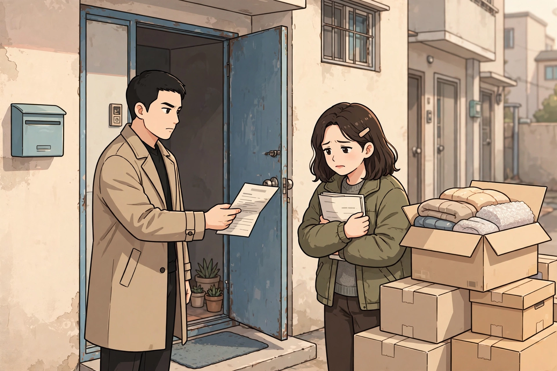 「집주인에서 임차인으로 바뀐 날, 전입신고만으로 충분할까」 상황을 그린 삽화