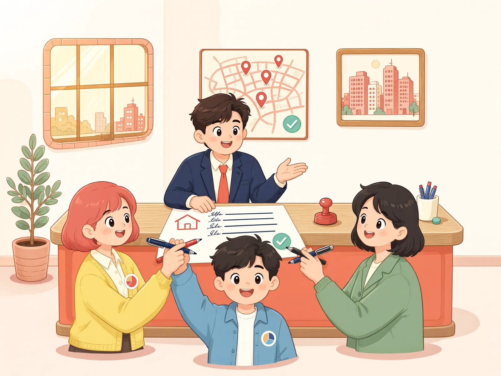 「공유 건물, 두 사람만 서명해도 조합설립 동의가 될까?」 상황을 그린 삽화