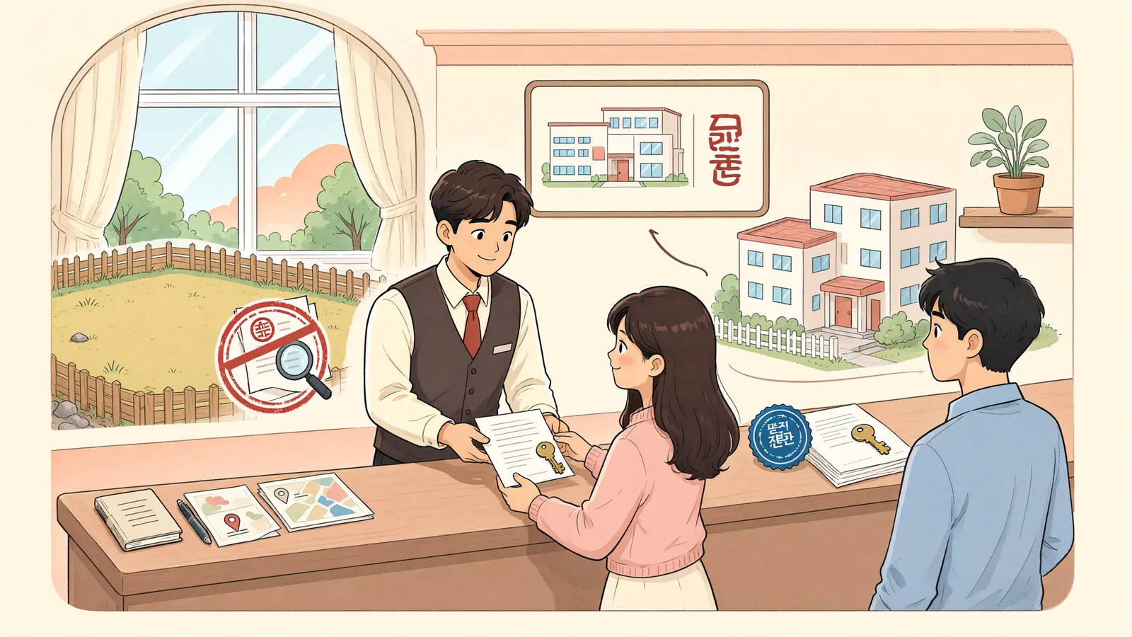 「땅의 담보권이 먼저라면, 새 상가의 임차인은 어디서 받을까」 상황을 그린 삽화
