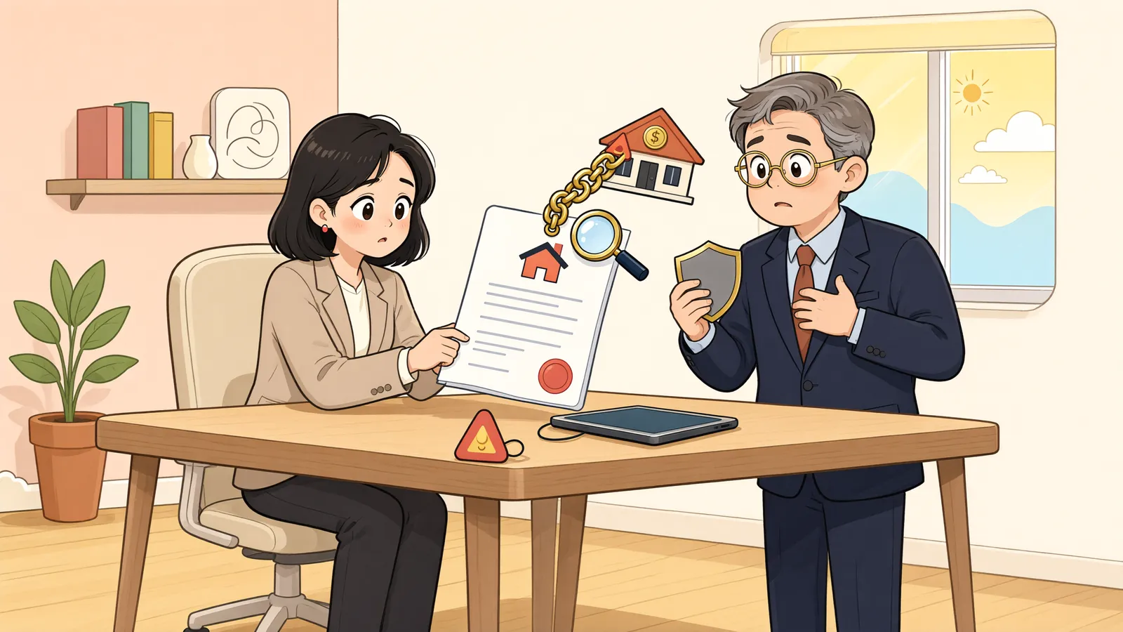 「등기부에 채무자 이름이 있어도, 그 부동산은 채무자의 재산이 아닐 수 있습니다」 상황을 그린 삽화