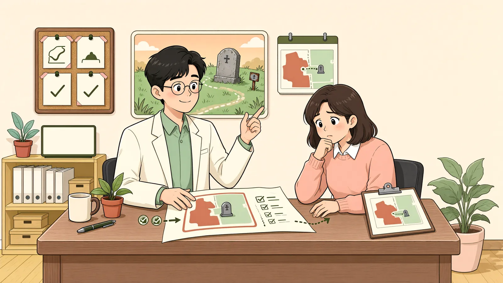 「산속의 오래된 분묘, 바로 옮길 수 있을까요?」 상황을 그린 삽화