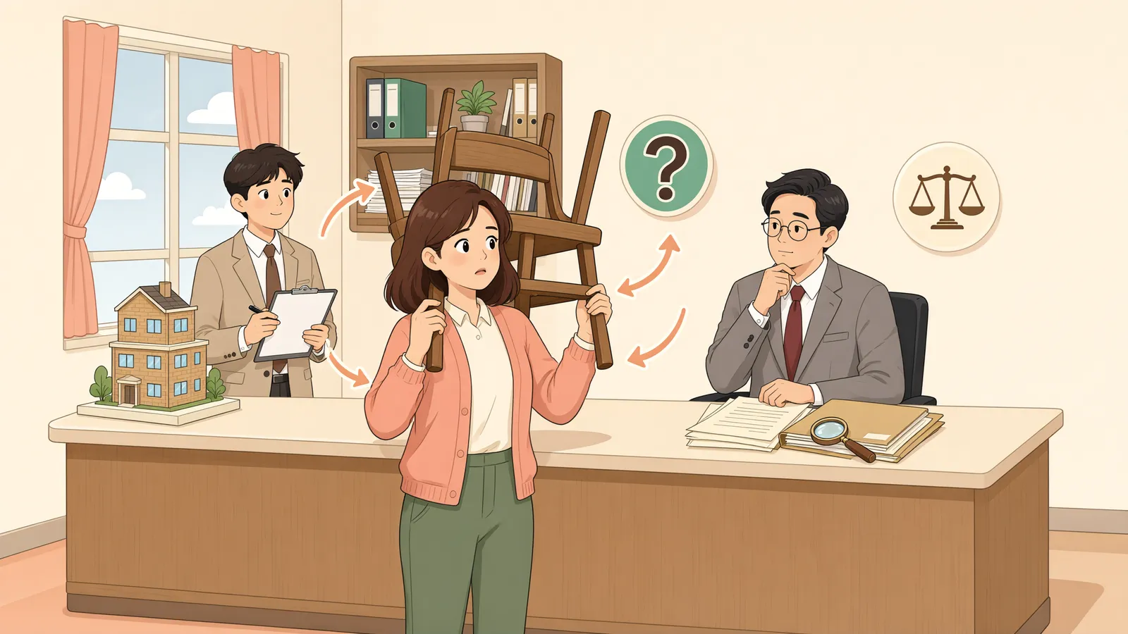 「점유를 넘긴 뒤에도 전 점유자의 유치권을 행사할 수 있을까」 상황을 그린 삽화