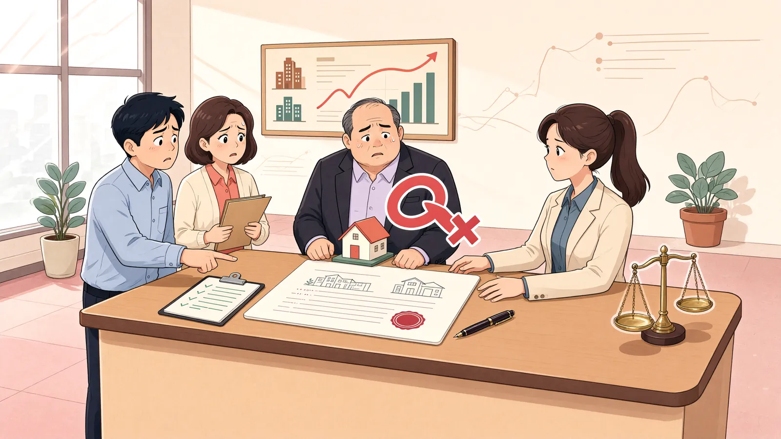 「조합장 개인 빚에 내준 상가 계약서, 조합을 묶을 수 있을까」 상황을 그린 삽화