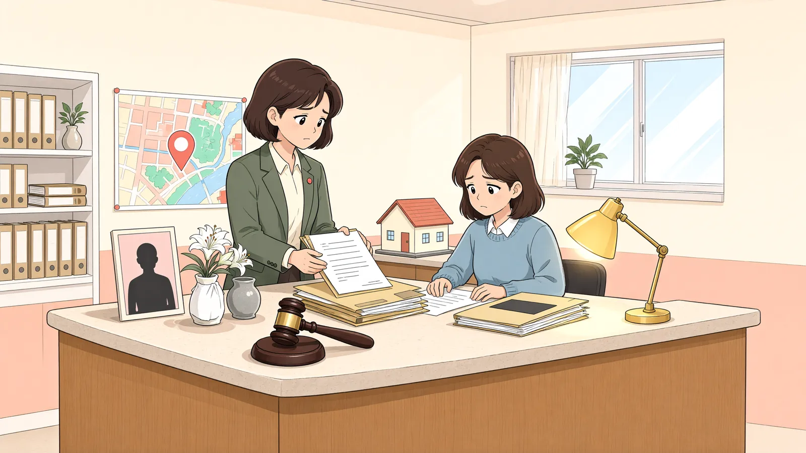 「상속포기 때문에 가압류를 계속 둘 수 있을까?」 상황을 그린 삽화