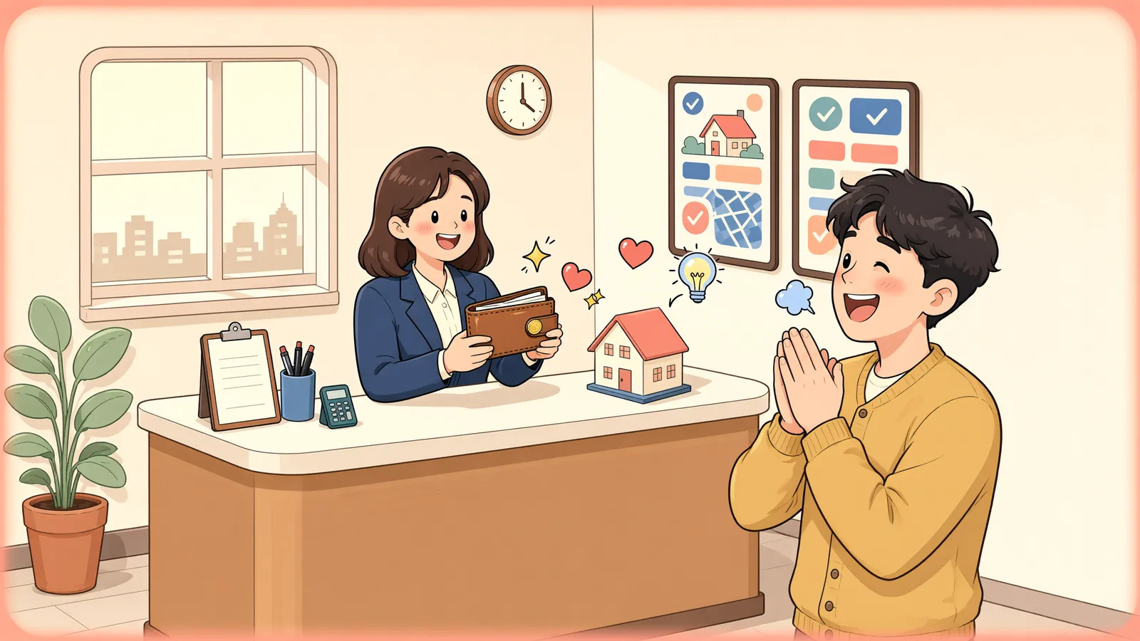 「아파트 로비에서 찾은 수표 든 파우치, 보상금은 얼마일까?」 상황을 그린 삽화