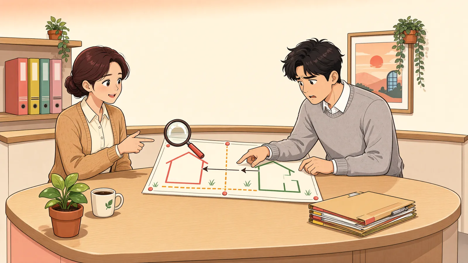 「경계에서 15센티미터, 이웃과 합의하면 괜찮을까?」 상황을 그린 삽화