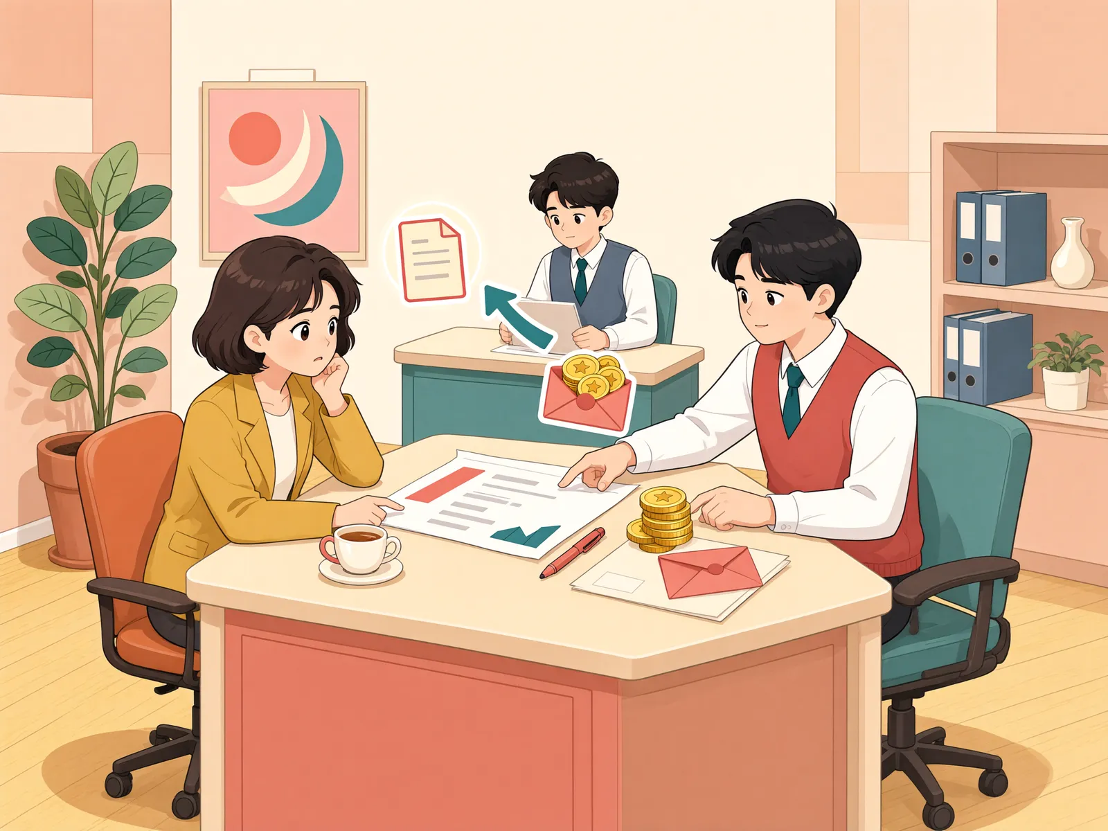 「지급기일을 넘겨 받은 위약금, 양도가액에 더해야 할까」 상황을 그린 삽화