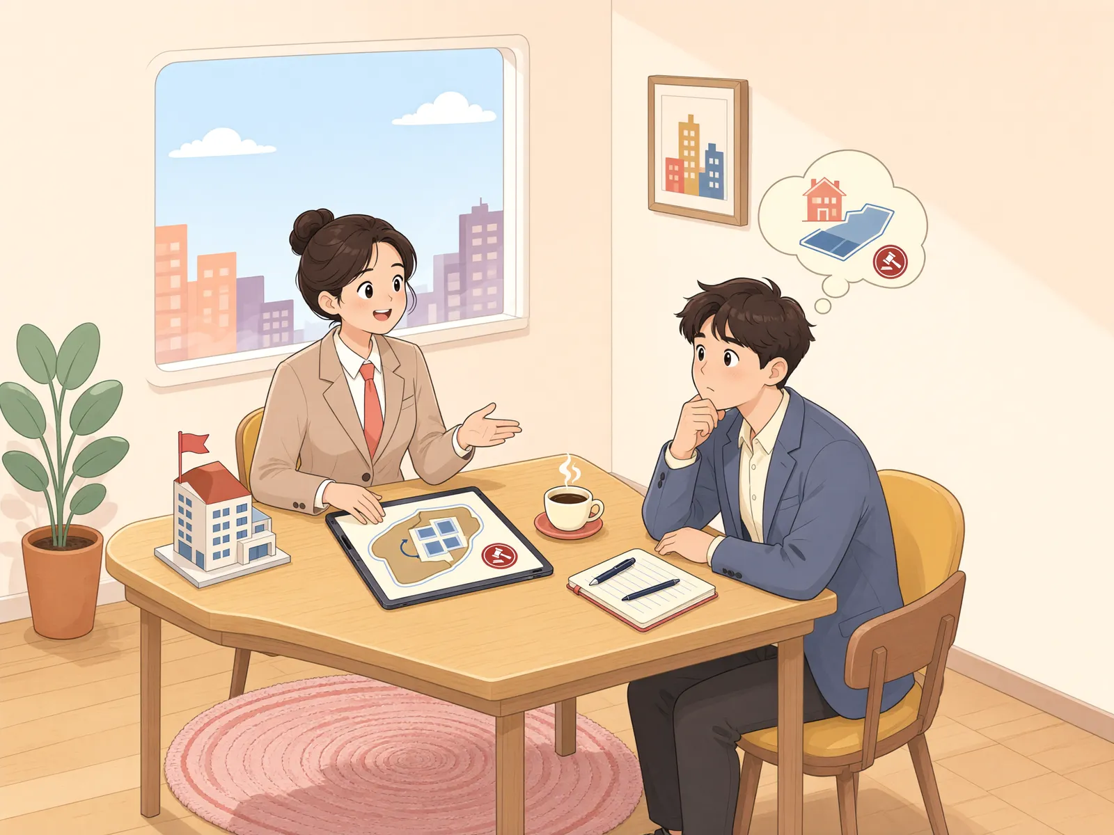 「공매로 건물만 샀는데, 토지까지 비워줘야 할까?」 상황을 그린 삽화