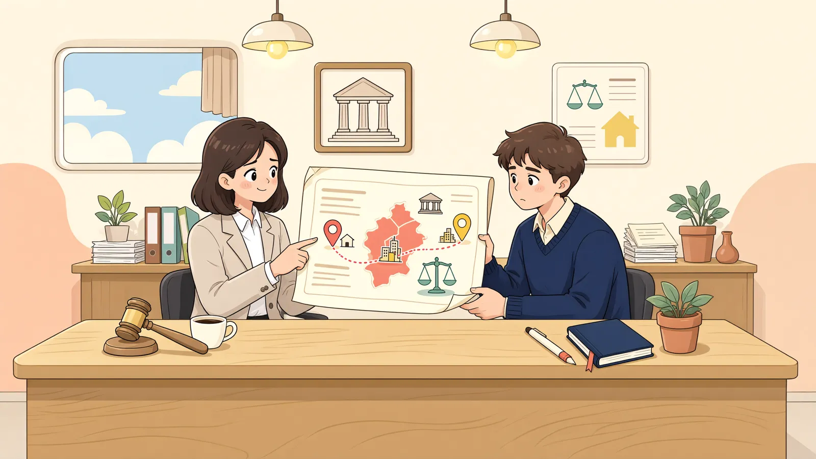 「주민등록은 울산, 생활은 부산…파산 신청은 어디에 할까?」 상황을 그린 삽화