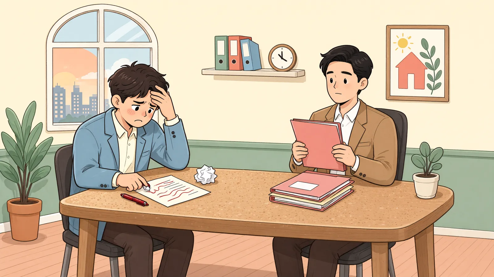 「잔금일을 피하는 매수인, 매도인은 어디까지 준비해야 할까」 상황을 그린 삽화