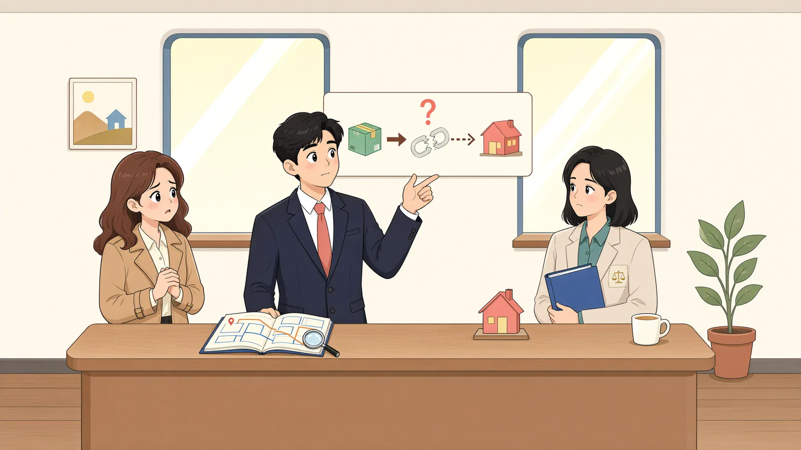 「중간등기 생략, 모두의 동의가 먼저입니다」 상황을 그린 삽화