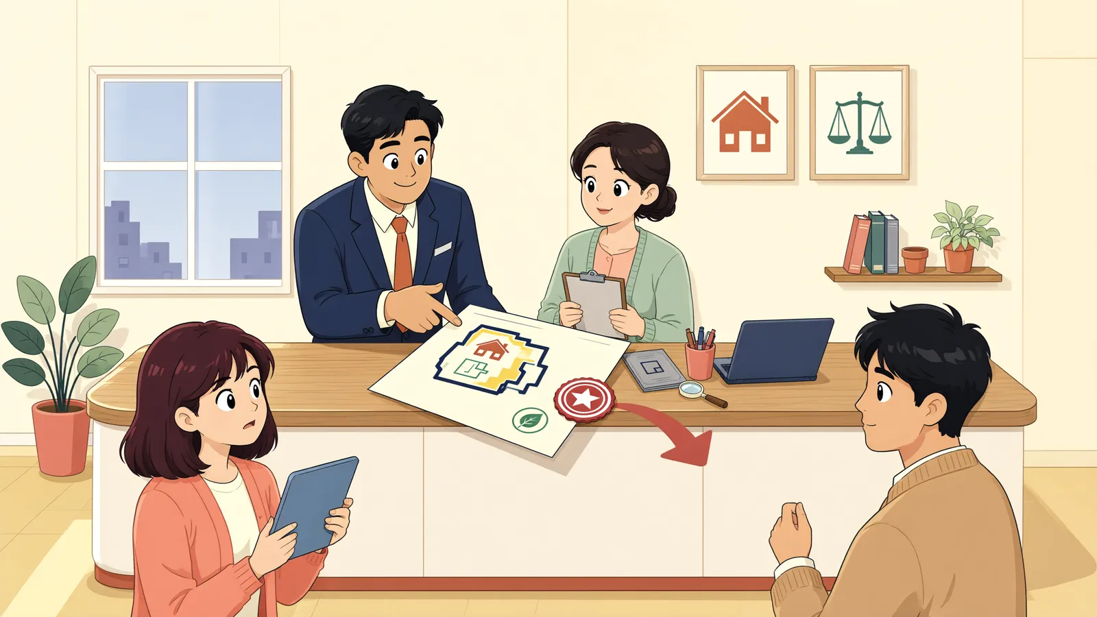 「땅 주인이 바뀌어도 임차인의 우선변제권은 남을까?」 상황을 그린 삽화