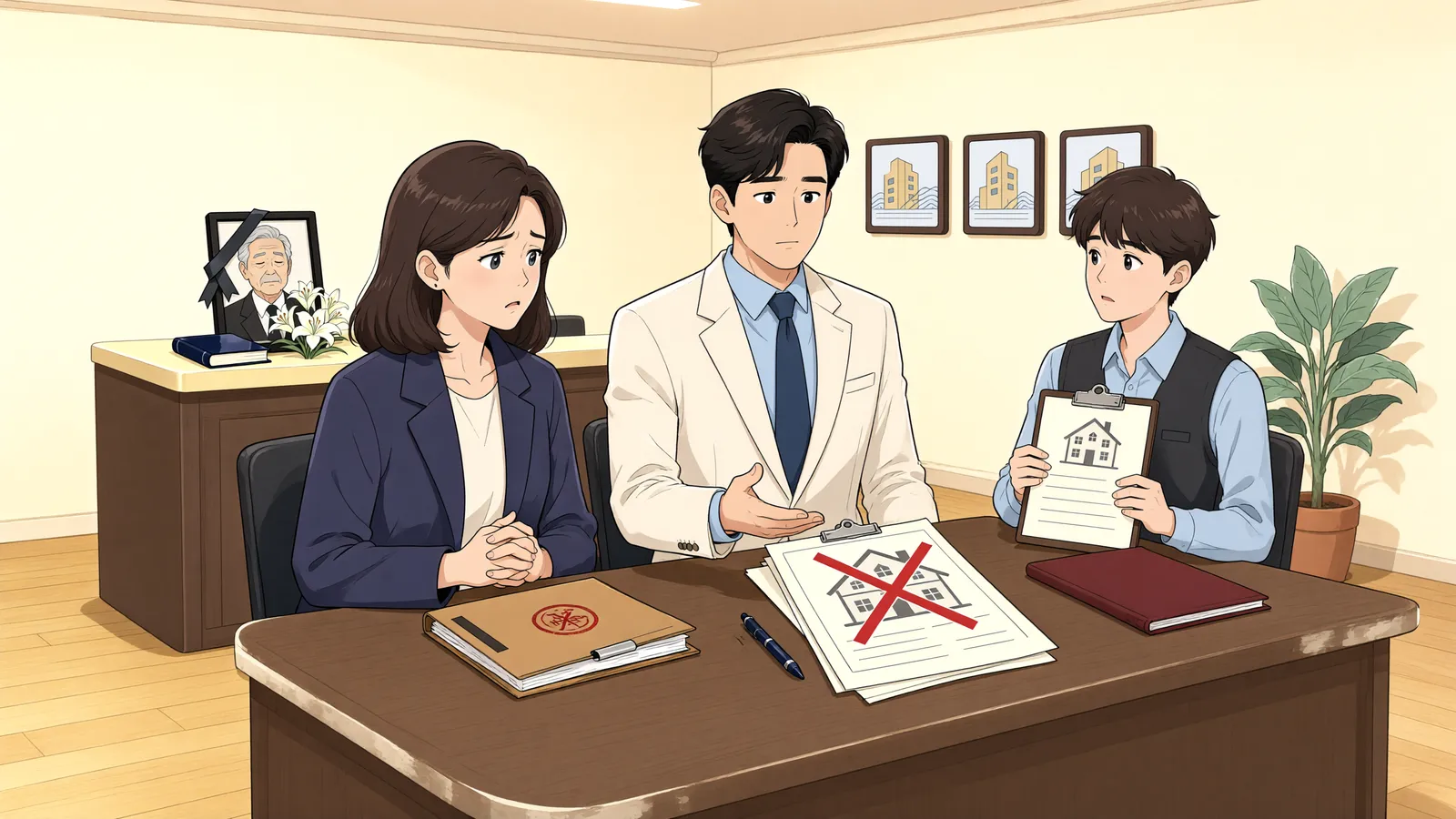 「신청 뒤 채무자가 사망했다면, 가처분 결정은 무효일까?」 상황을 그린 삽화