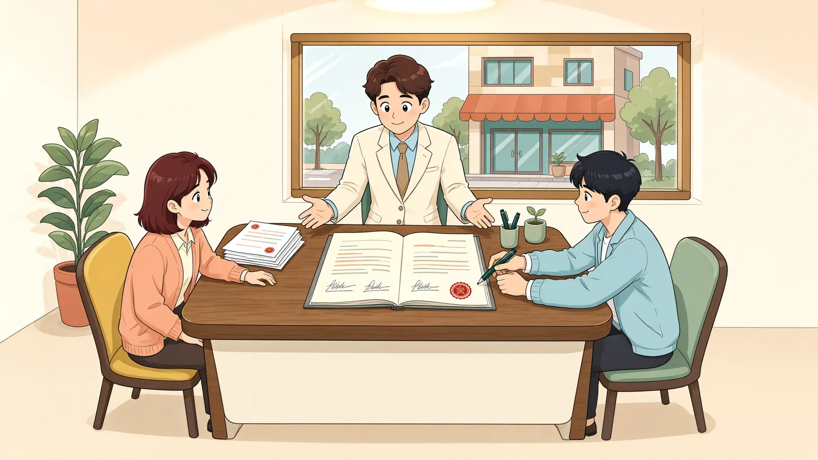 「임차권을 넘겨받을 때, 우선변제권 설명도 중개의 일부입니다」 상황을 그린 삽화