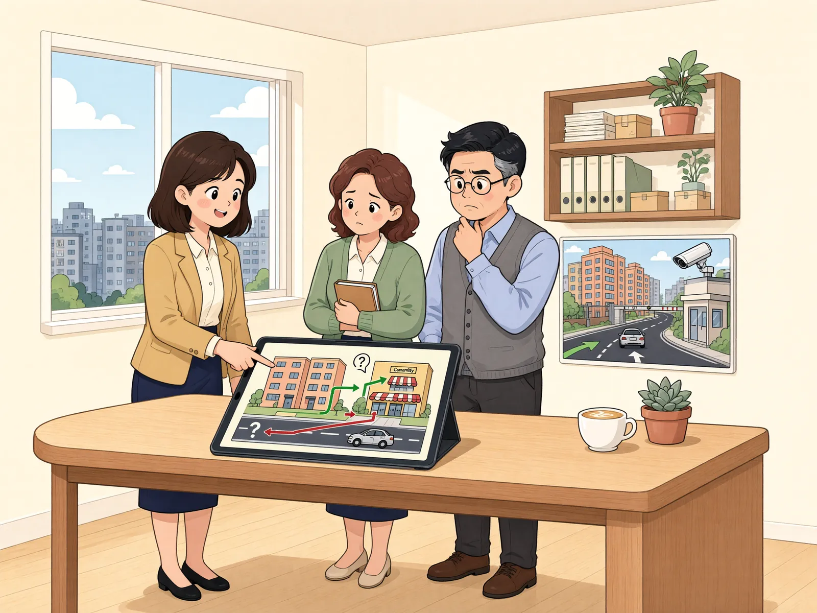 「상가 손님 앞에 선 아파트 차단기, 철거를 요구할 수 있을까」 상황을 그린 삽화